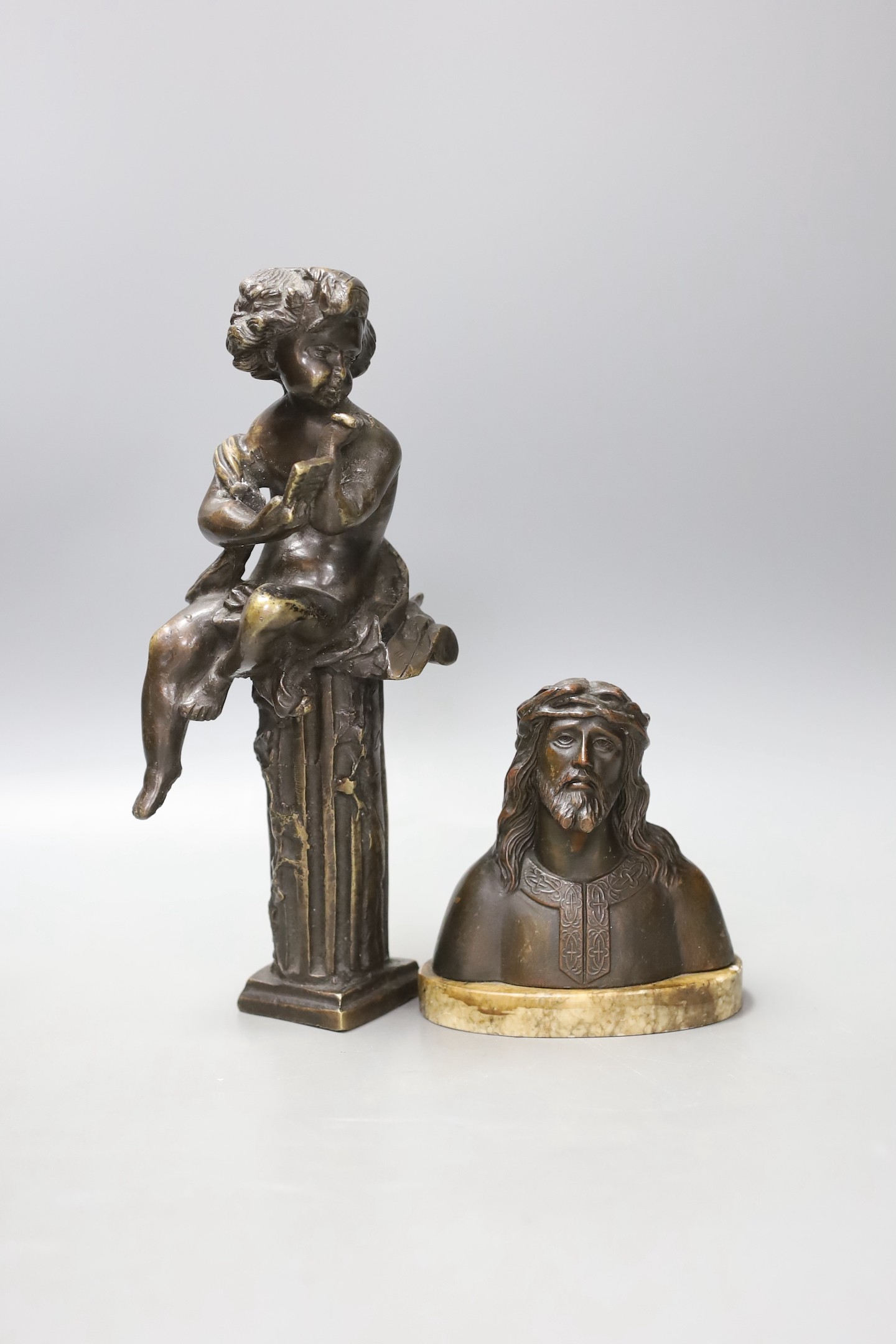 A bronze putto on column and a spelter bust of Christ - tallest 26cm